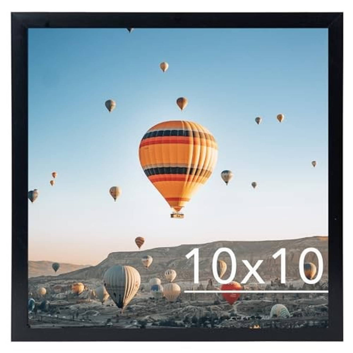 Black 10x10 wall photo frame with hot-air balloon print and white mat inside