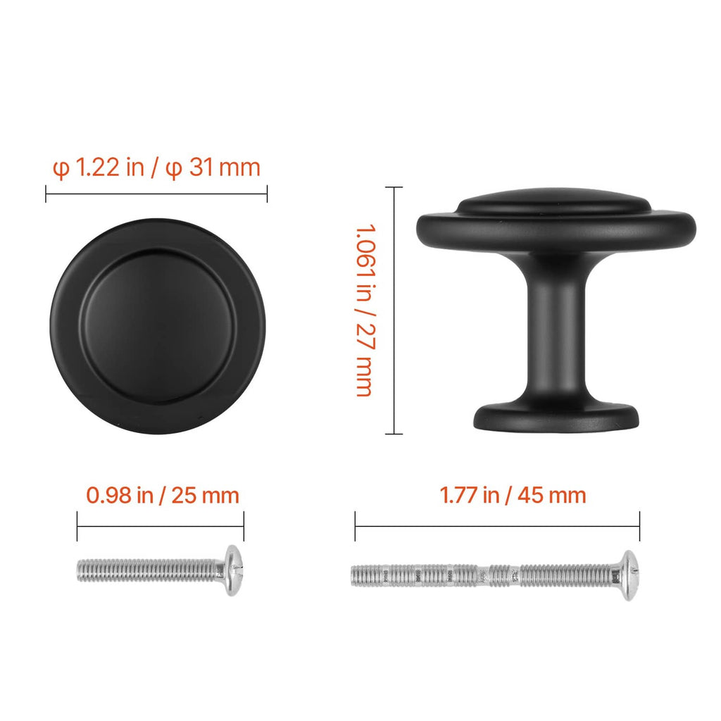 Black mushroom cabinet knob and mounting screws with printed measurement callouts