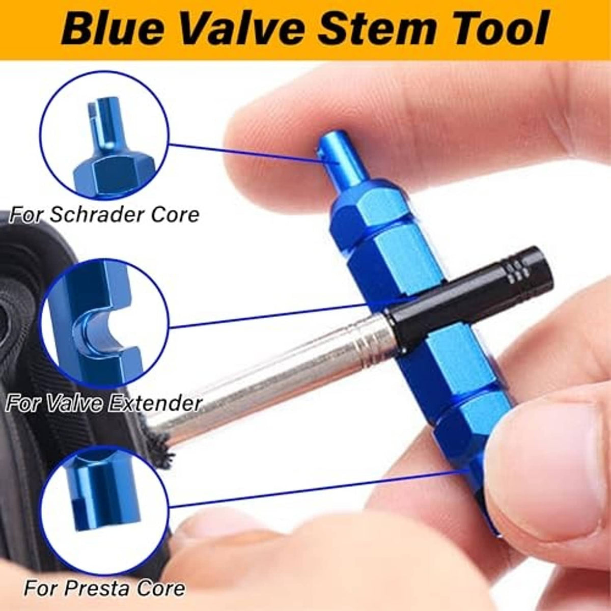 Blue valve stem removal tool holding a small valve core on a tire valve