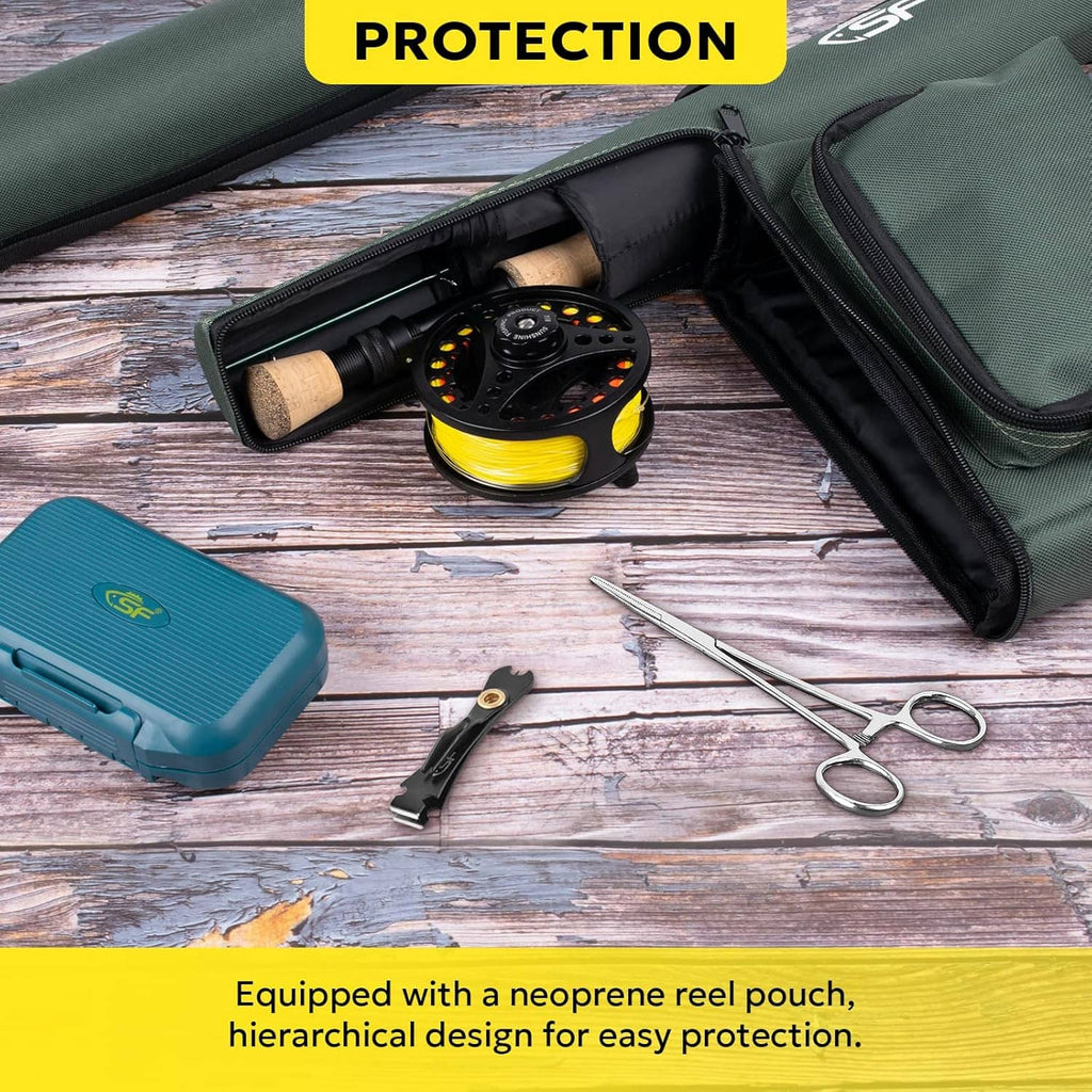 Green rod case open with black reel, yellow line, and fly scissors on table