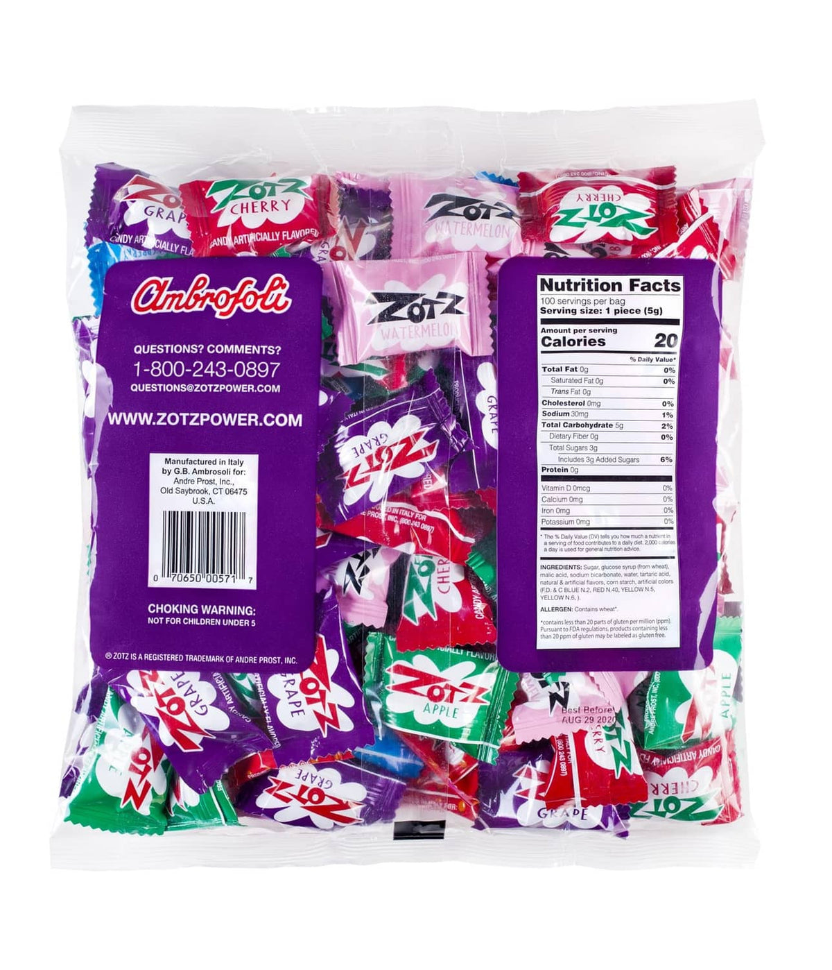 Assorted Zotz fizzy hard candy bulk bag with nutrition and ingredient label on back
