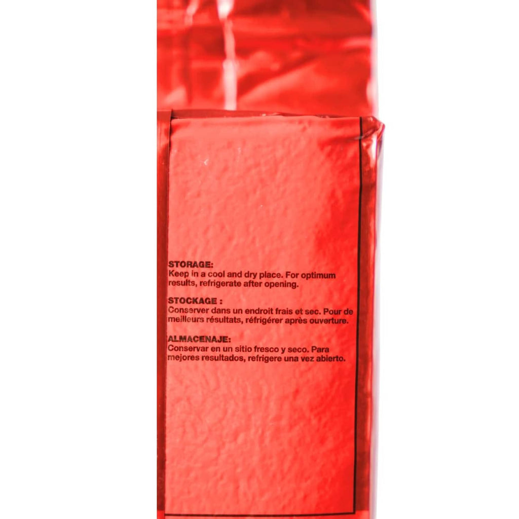 Red yeast pouch back with storage and handling instructions