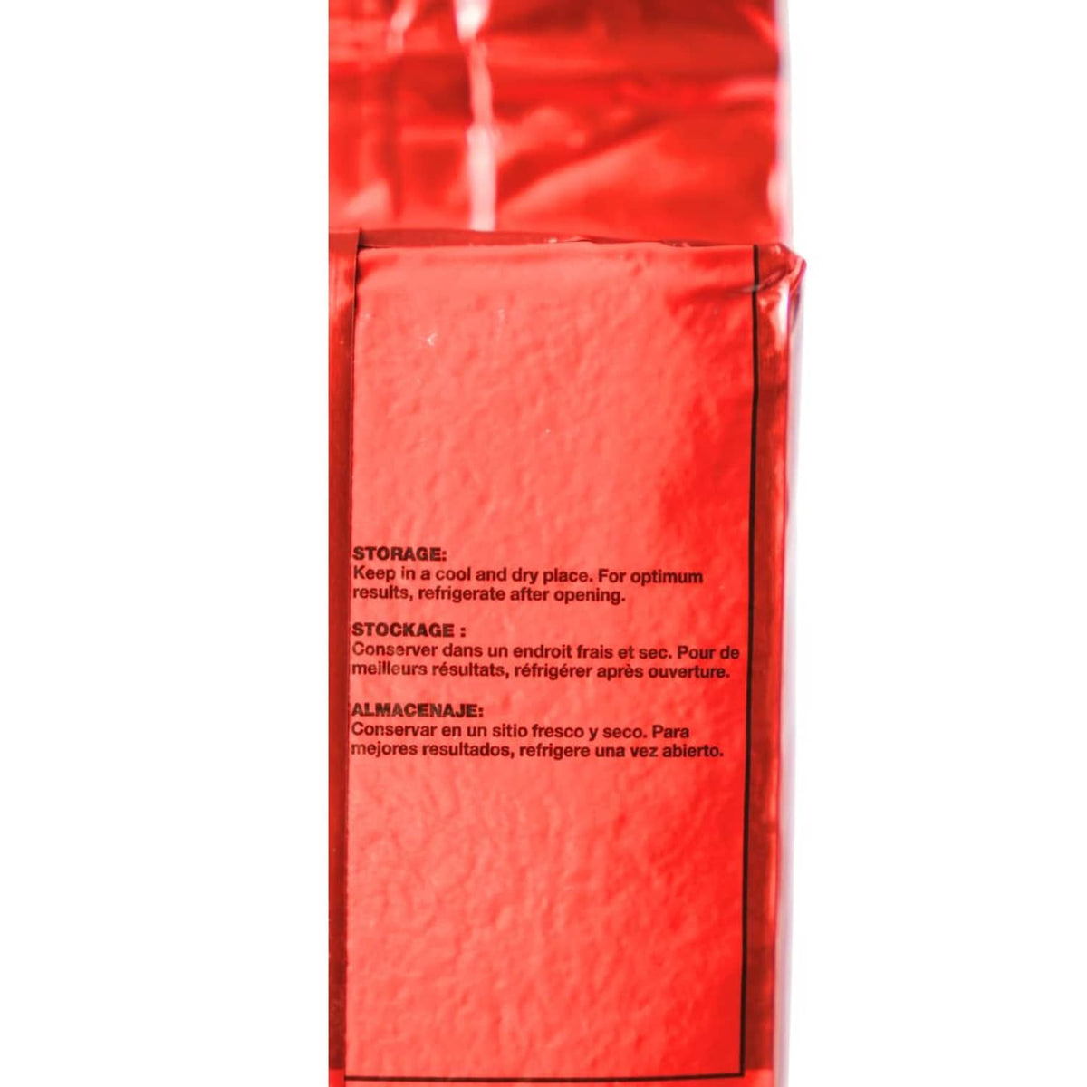 Red yeast pouch back with storage and handling instructions