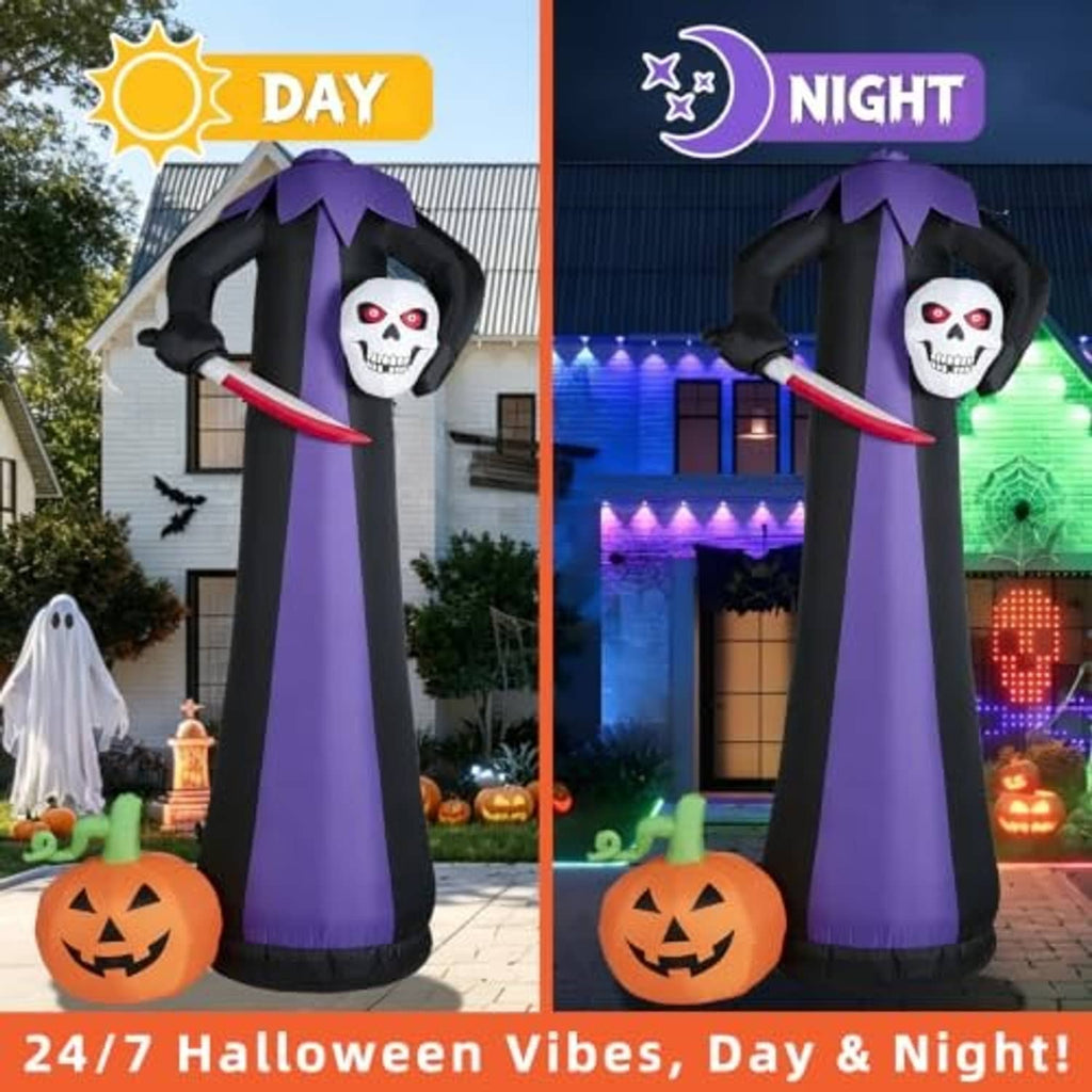 Inflatable headless Halloween yard decor with skull mask, purple robe, and red scythe