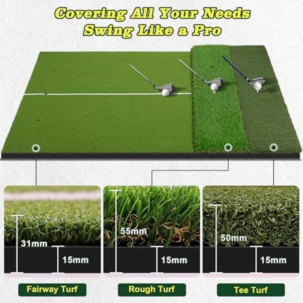Green golf hitting mat top view with two turf zones and a cutaway layer diagram