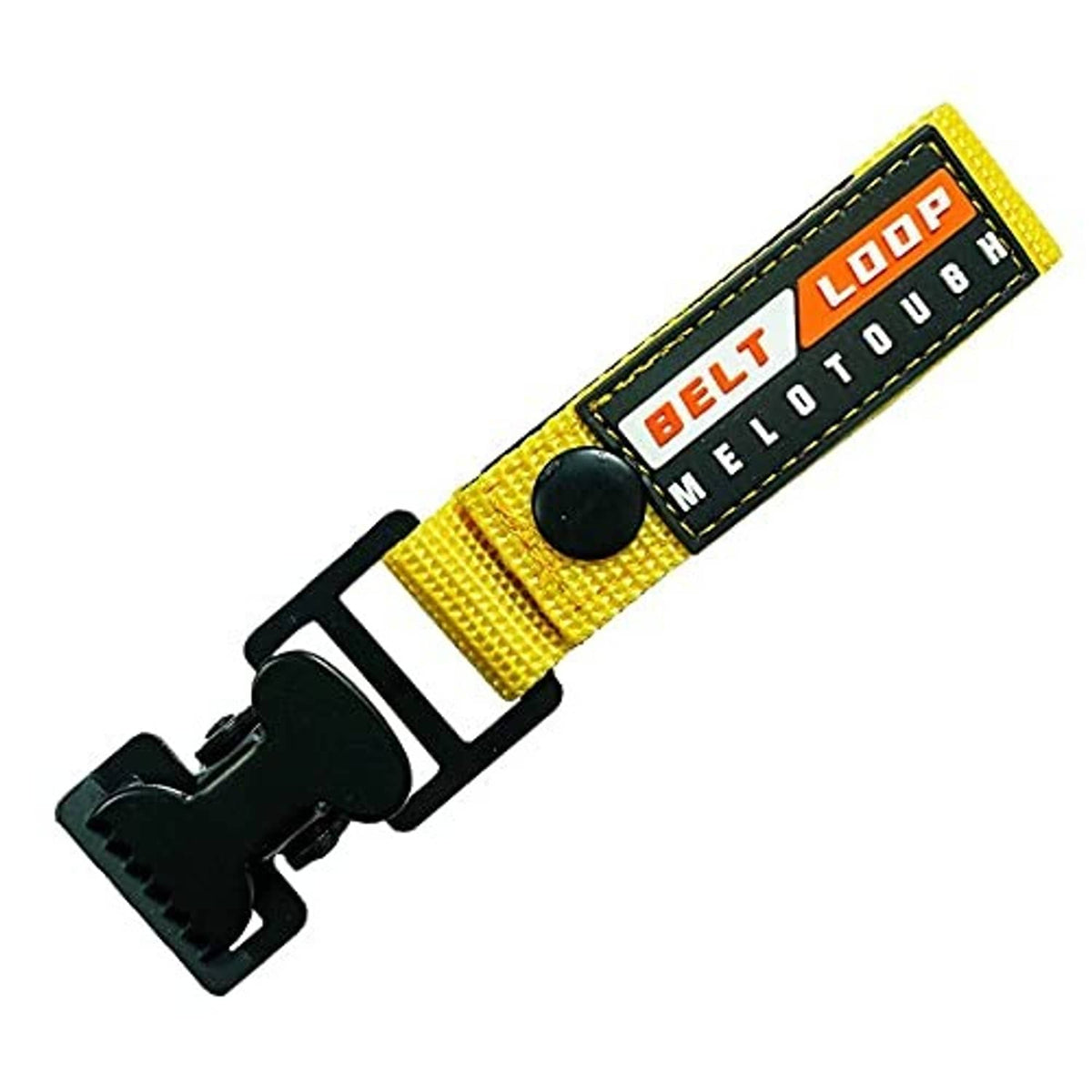 Yellow webbing belt loop strap with black spring clip and logo patch