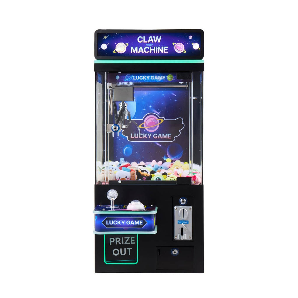 Black claw crane machine with clear chamber, hanging claw, and illuminated prize out sign