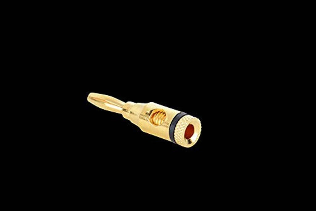 Gold-plated banana plug with black insulating ring and threaded barrel, open screw