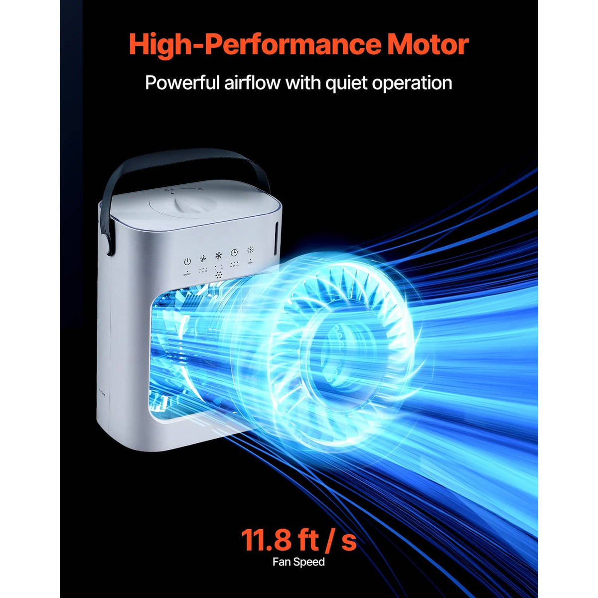 Portable air cooler with high-performance motor airflow vent, blue airflow lines effect