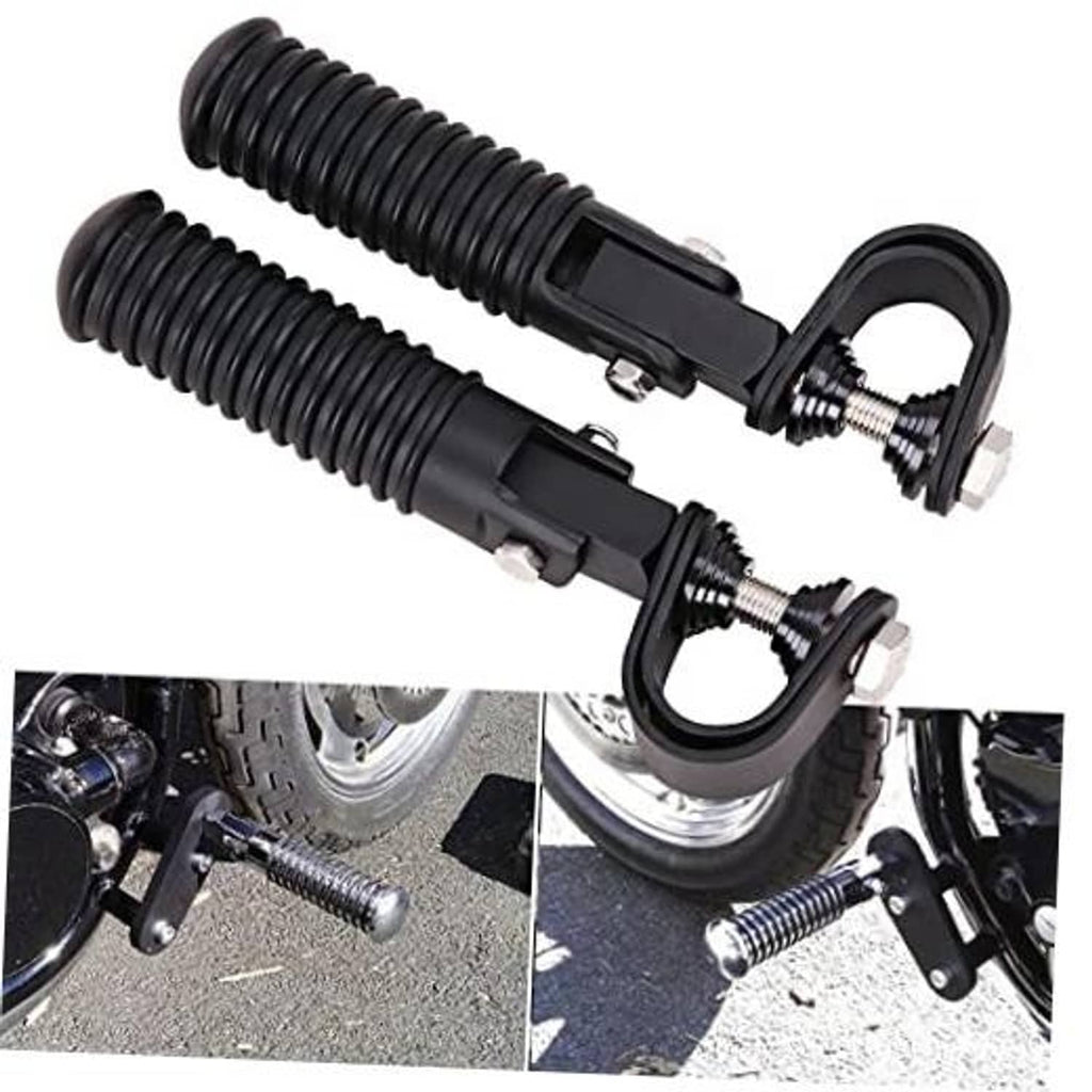 Black motorcycle foot pegs with ribbed rubber grips and U-clamp mounting hardware