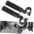 Black motorcycle foot pegs with ribbed rubber grips and U-clamp mounting hardware