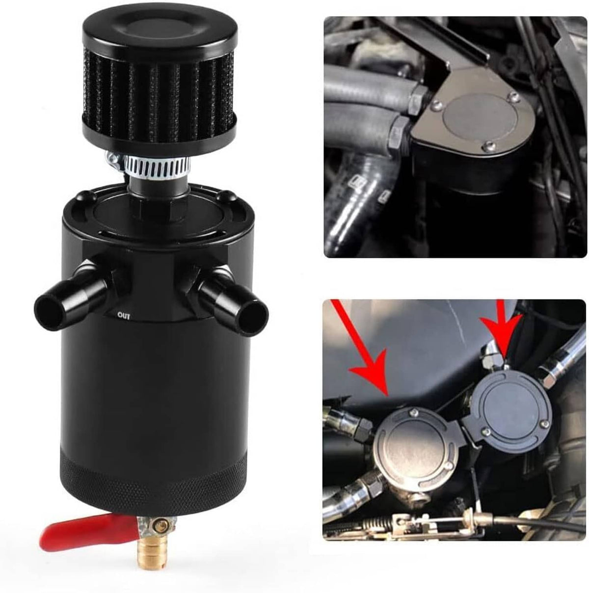 Black oil catch can with breather filter and outlet ports, shown with installed detail