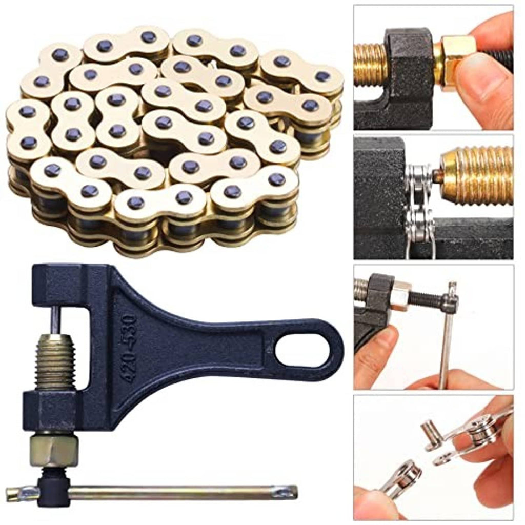 Gold X-ring chain bundle with chain breaker tool close-up showing adjustment screw