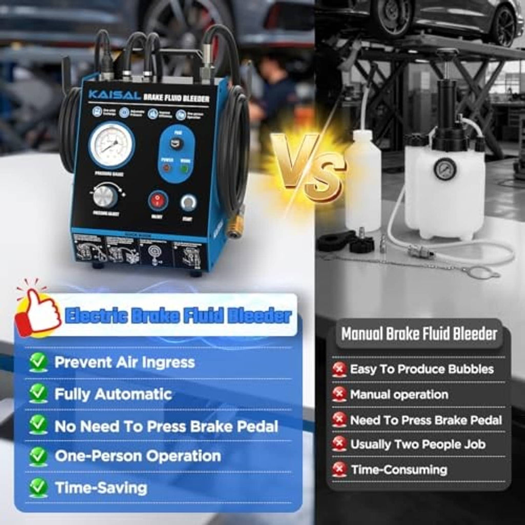 Blue electric brake fluid bleeder with pressure gauge panel and connected hoses