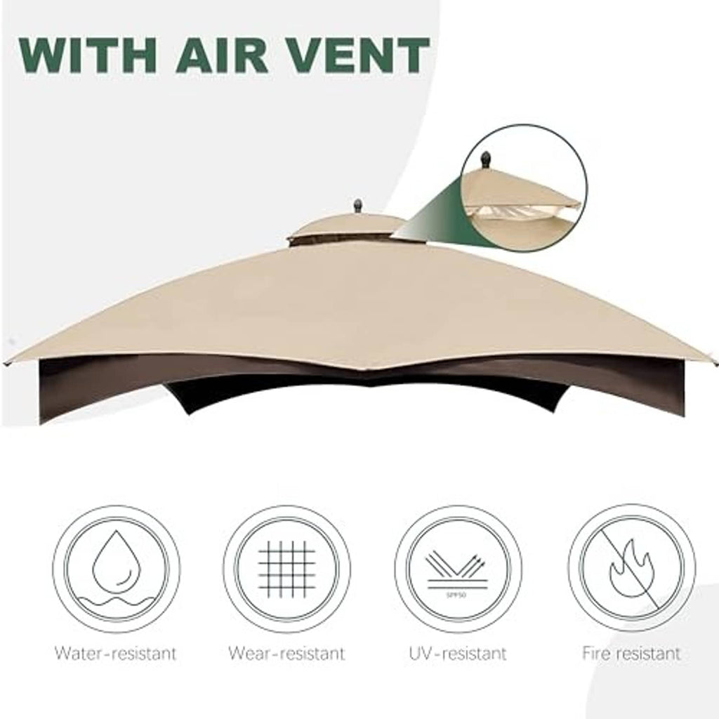 Light beige gazebo canopy top with air vent and dark scalloped valance
