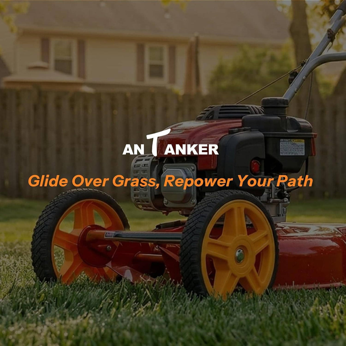 Lawn mower with orange wheels and black tires on grass near a yard fence