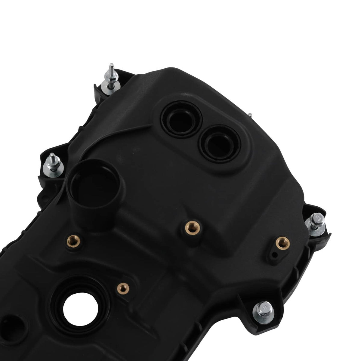 Close-up black engine valve cover with round openings and mounting bolts