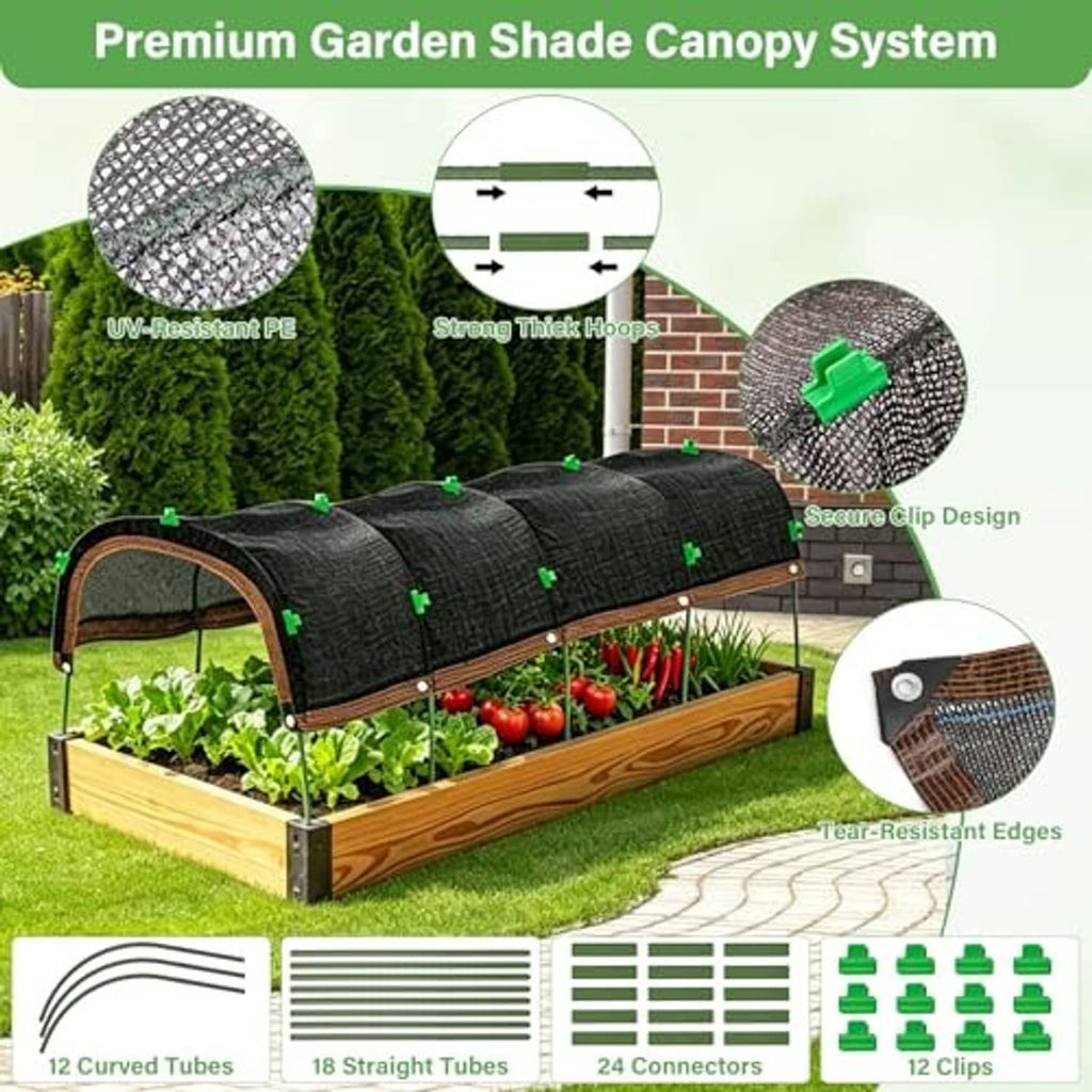 Black garden shade canopy hoop system with green clips and arched support poles
