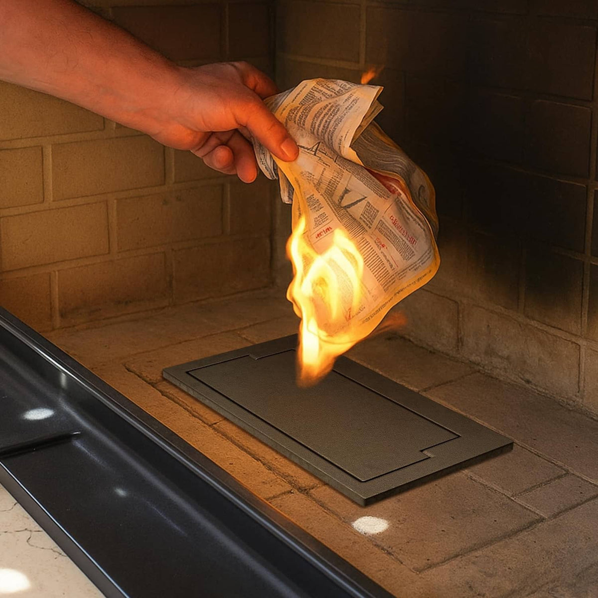 Blackish brown cast iron ash dump door with open cover during ash dumping