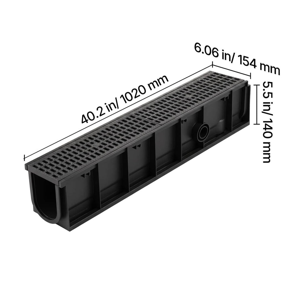 Black HDPE linear drainage channel with 40.2 in length and curved outlet end