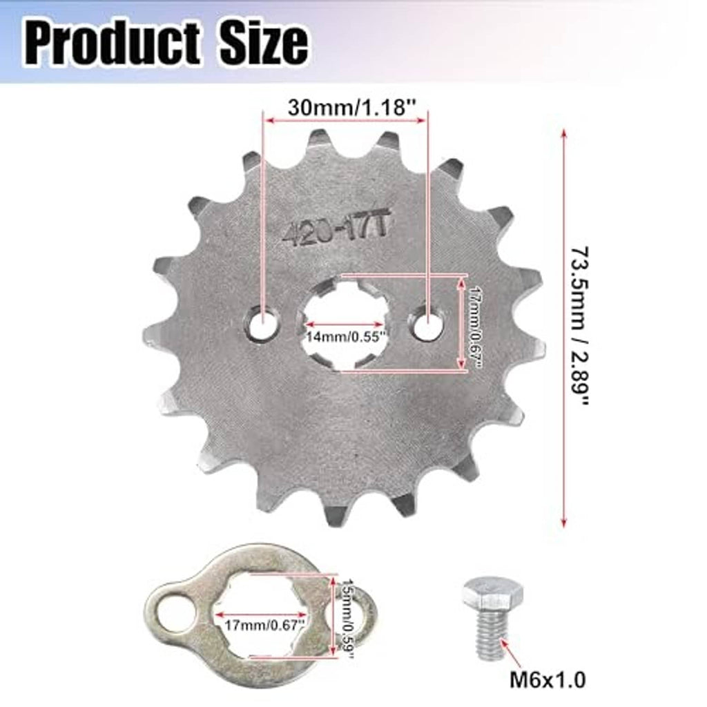Motorcycle front sprocket with mounting screws and a retainer plate, shown with size notes