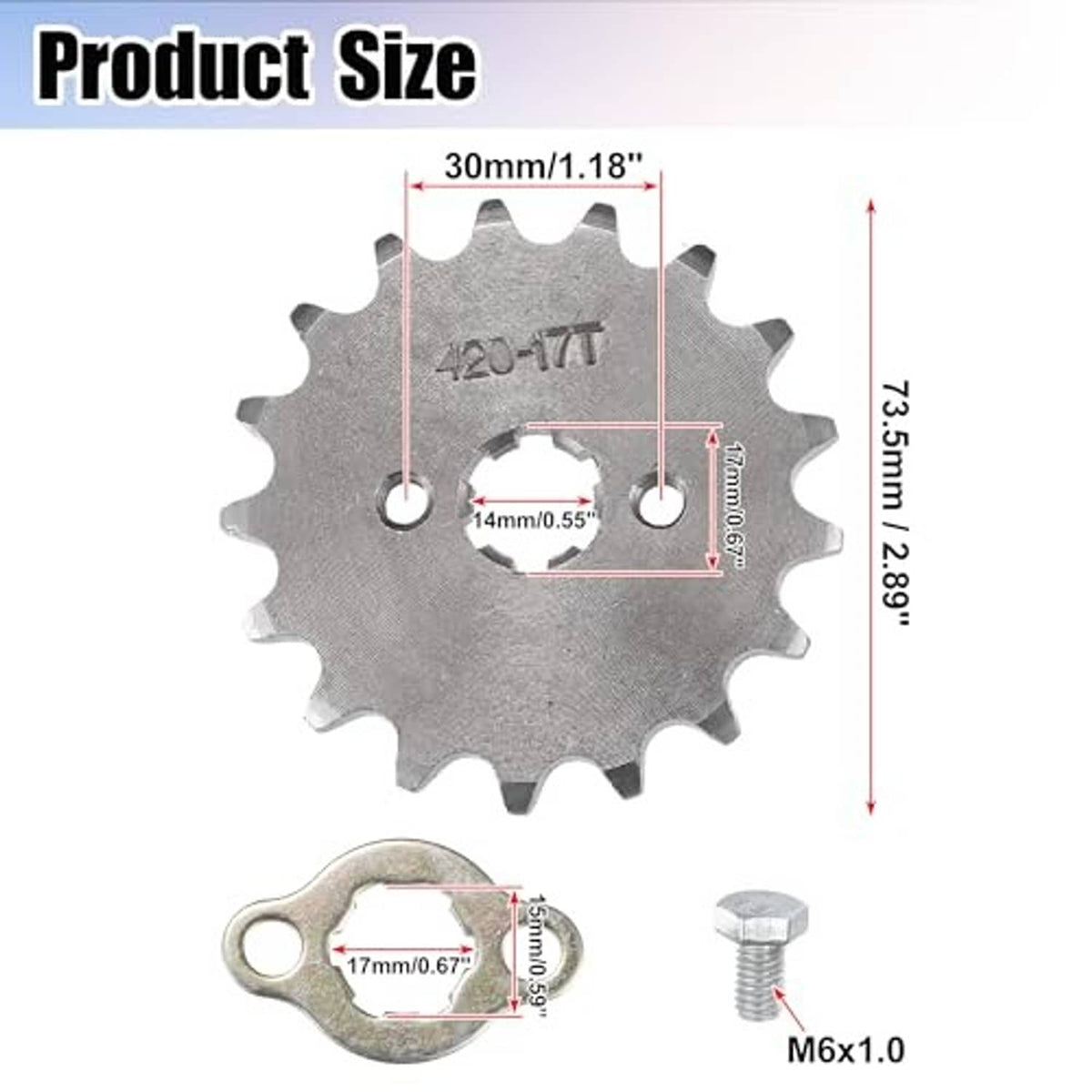 Motorcycle front sprocket with mounting screws and a retainer plate, shown with size notes