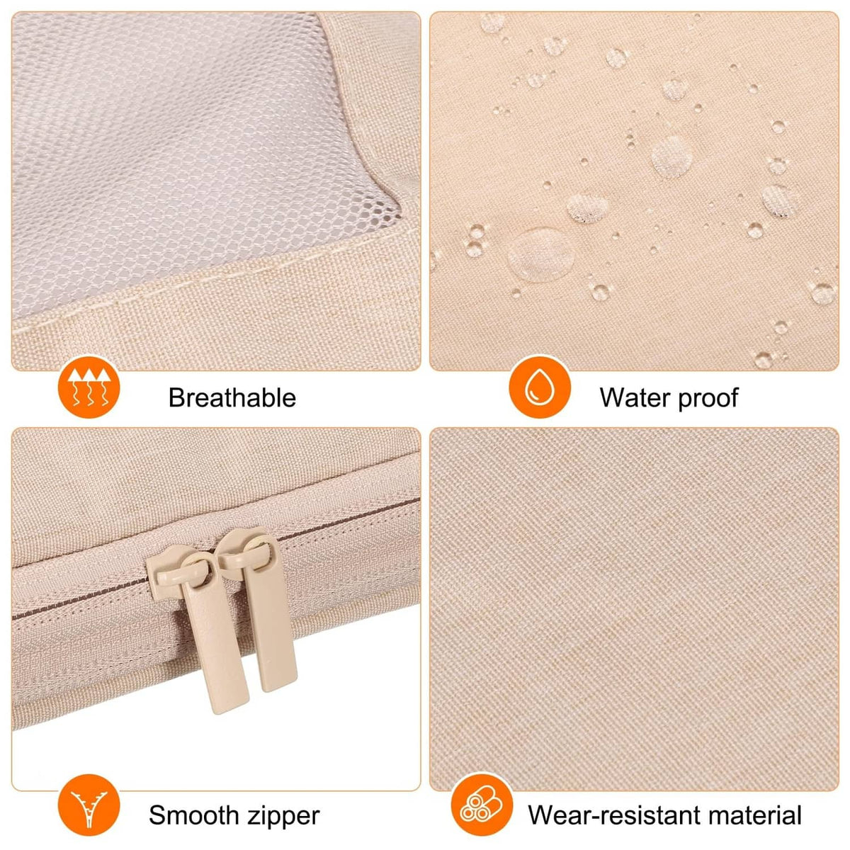 Beige compression packing cube with breathable mesh, water-resistant fabric, smooth zipper