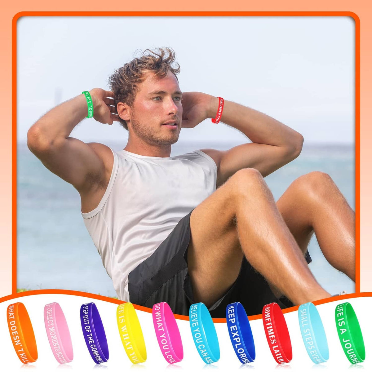 Multicolor motivational silicone wristbands on a man’s wrists
