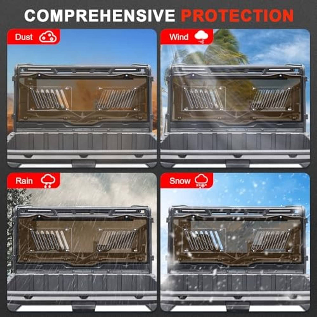 Vented tinted rear window panel shown in four weather-protection views with vent grilles