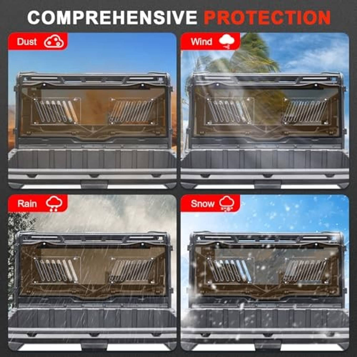 Vented tinted rear window panel shown in four weather-protection views with vent grilles