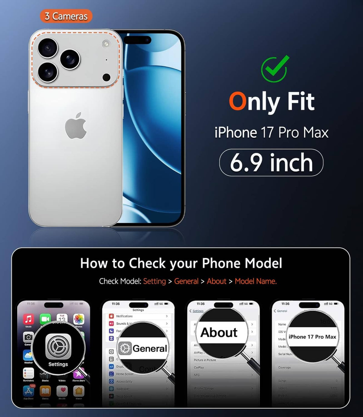 Clear iPhone 17 Pro Max case shown beside phone, with triple-camera cutouts