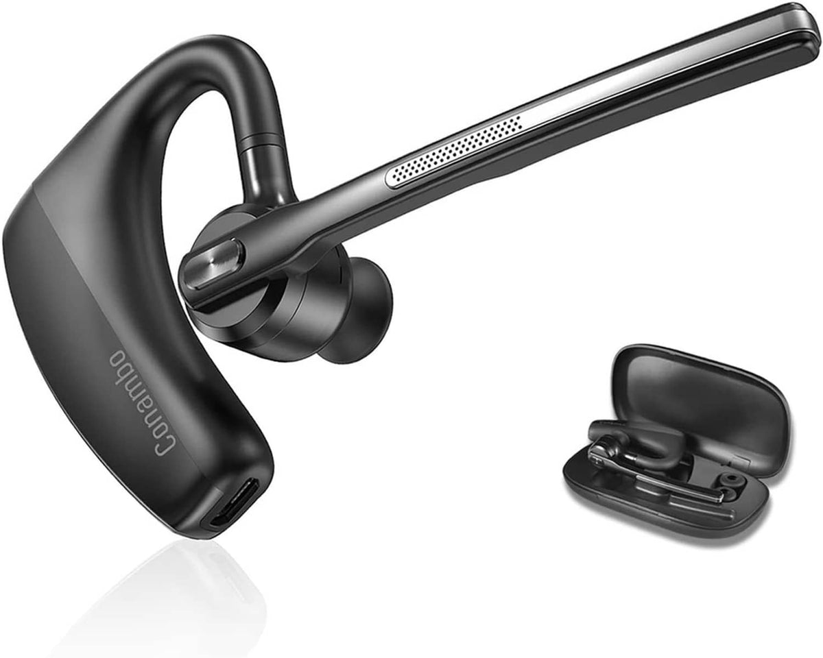 Black Bluetooth headset with boom microphone and open charging case