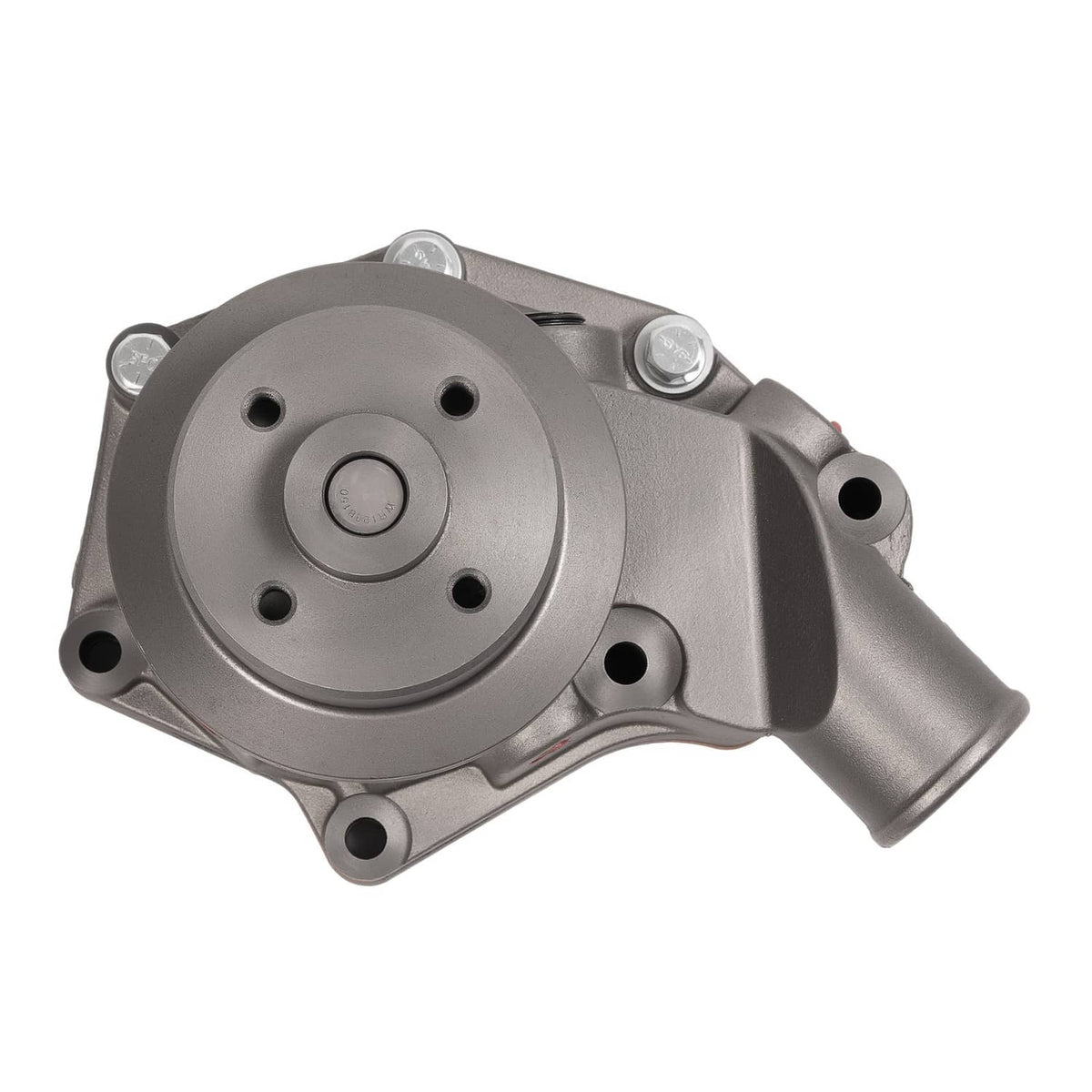 Water pump from top-left angle, gray metal housing with pulley and bolts