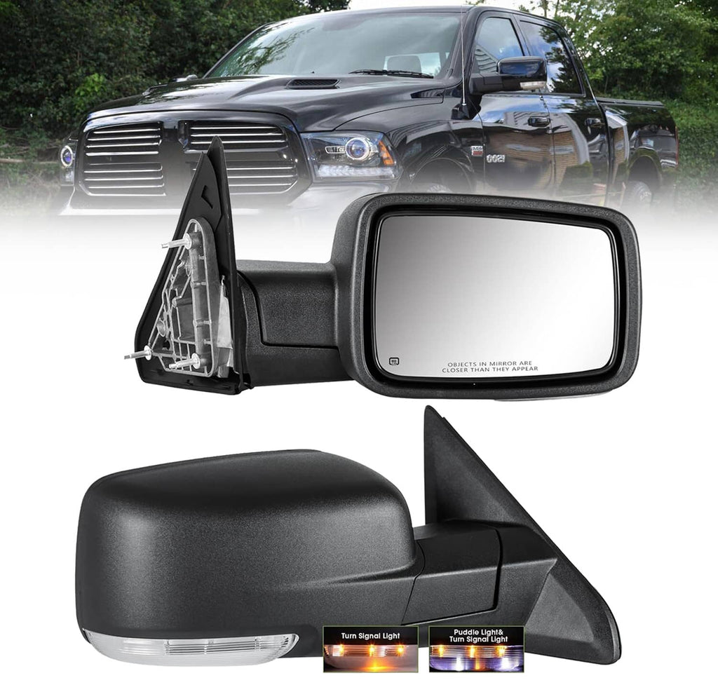 Pair of black power-adjust heated side mirrors with turn signal and puddle light