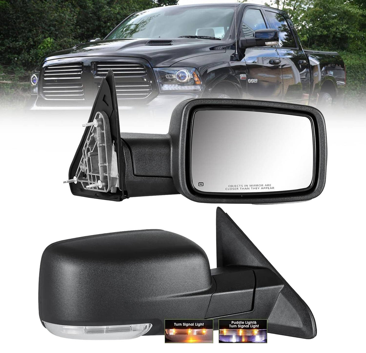 Pair of black power-adjust heated side mirrors with turn signal and puddle light