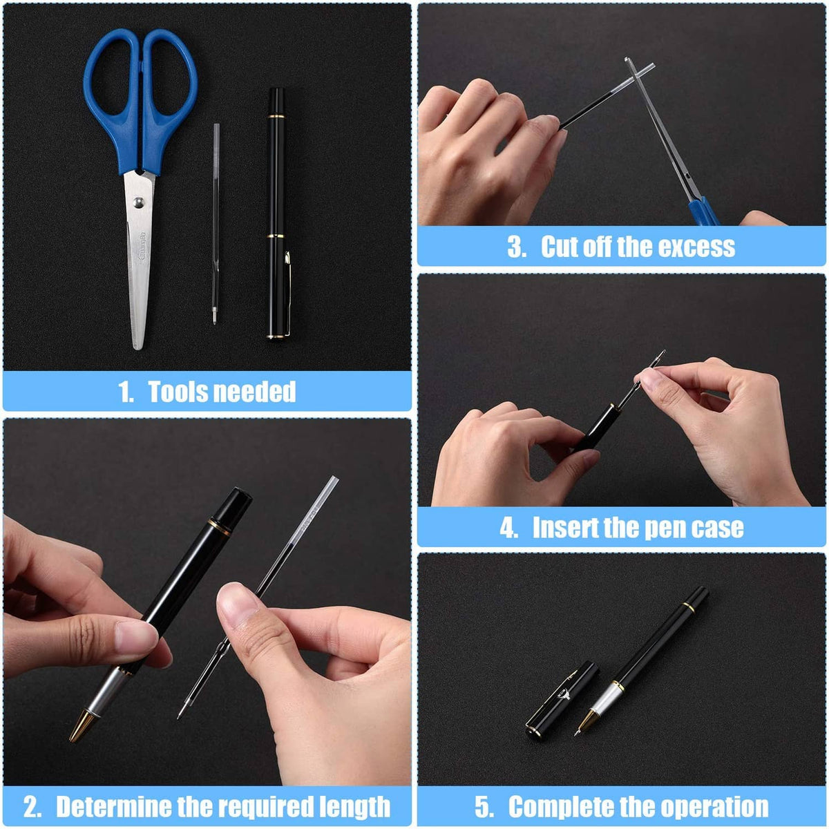 Retractable pen refills with black barrels and clear tips, shown for trimming to size