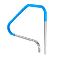 Blue and silver stainless steel pool ladder step handrail with curved U grip