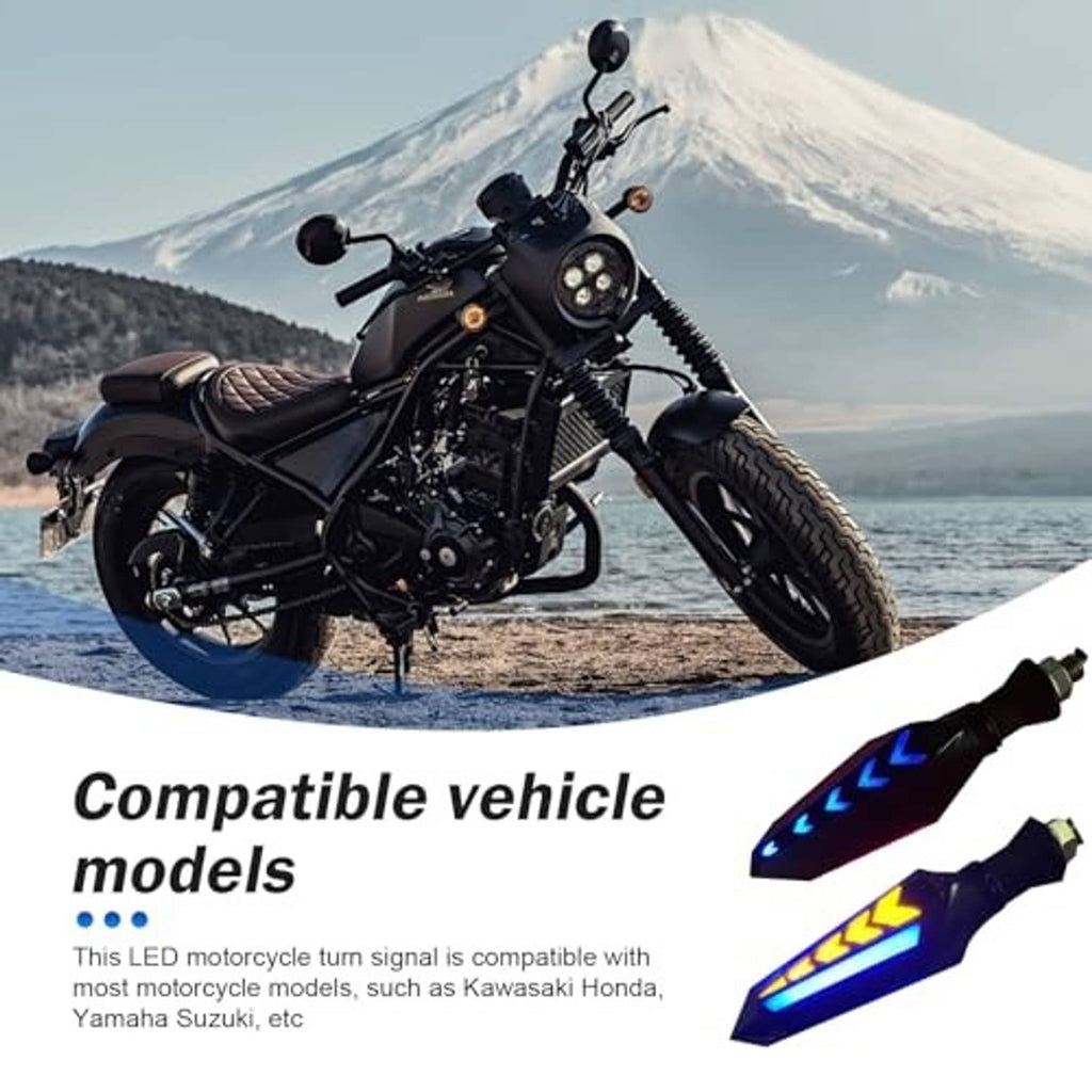 Motorcycle LED turn signals with black arrow housings and blue light bar with yellow arrows