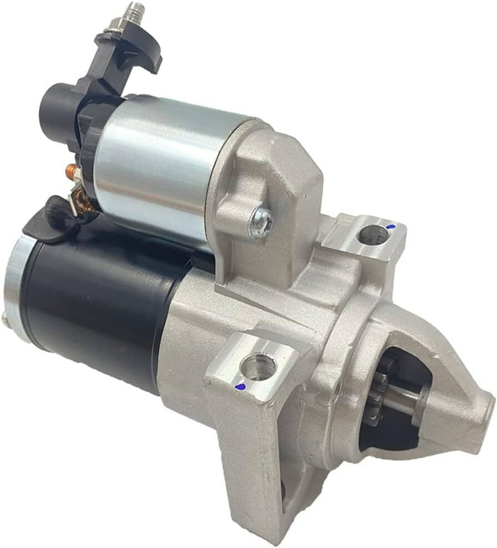 Starter motor with silver casing and black solenoid, angled perspective