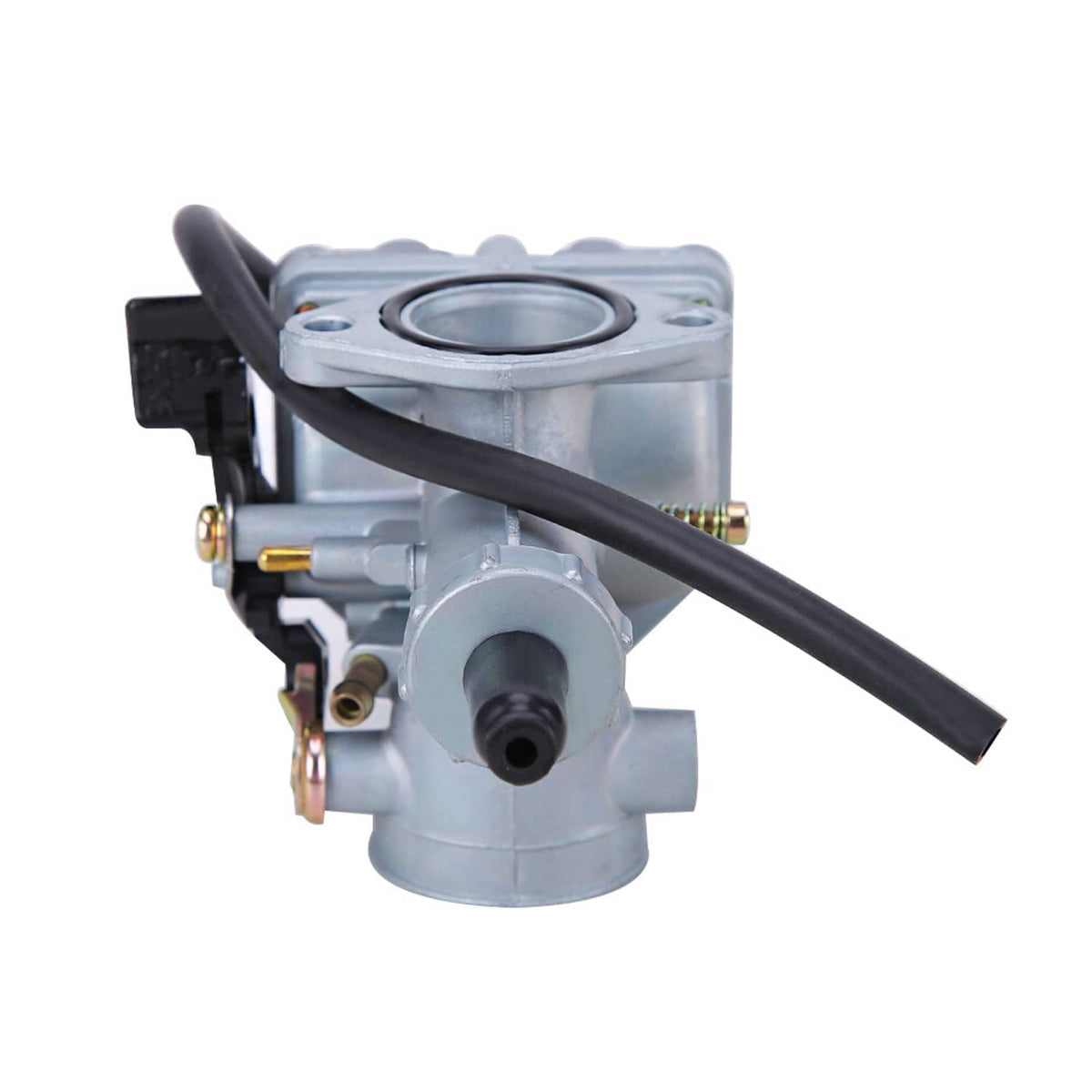 ATV carburetor with top air intake, side fittings, and black vacuum hose