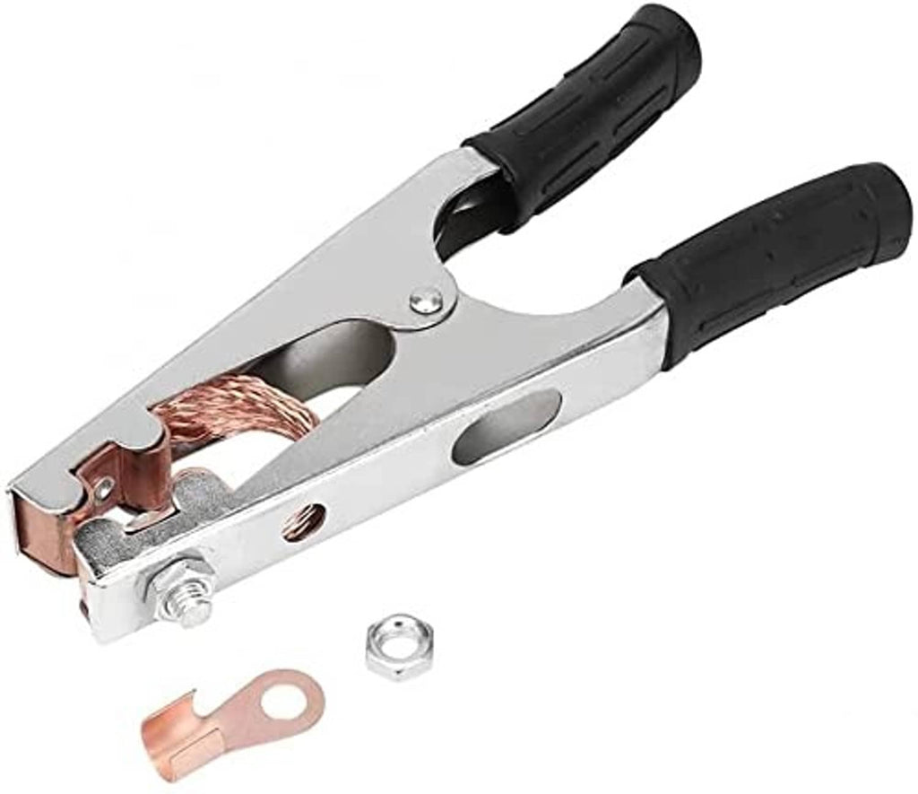 Ground cable clamp with copper wire in jaws, silver frame, and black grip handle