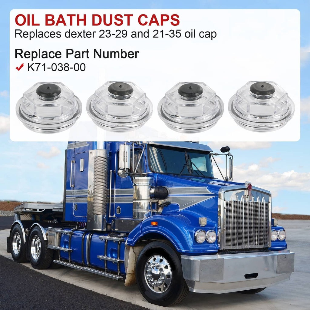 Four oil bath dust caps with clear plastic housing and black rubber center caps