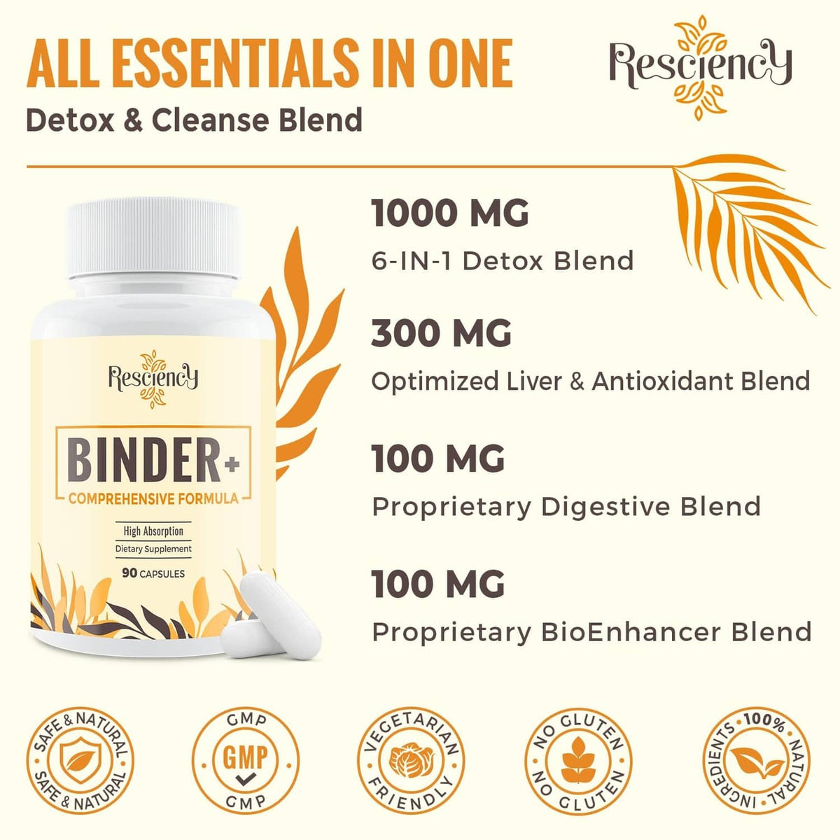 Binder+ detox supplement bottle with white cap, 6-in-1 detox blend details visible.