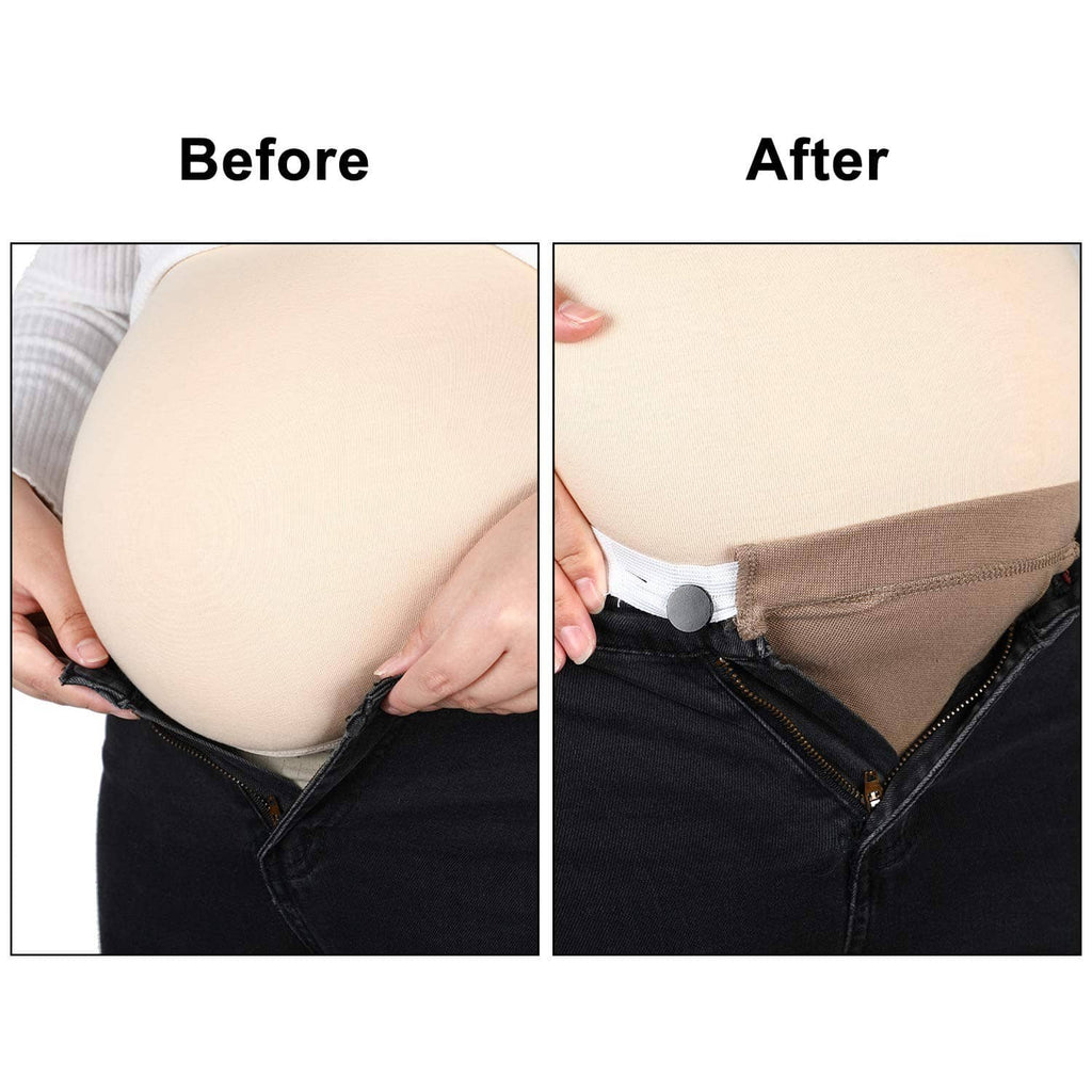Maternity waist extender worn under jeans waistband near zipper opening