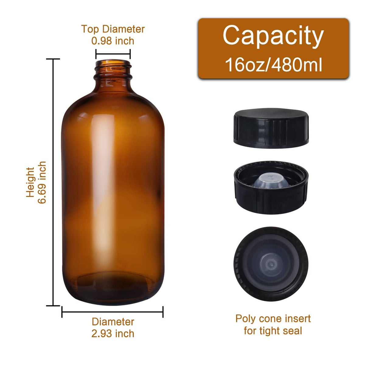 Amber Boston round glass bottle with black cap; top and base views with measurements.