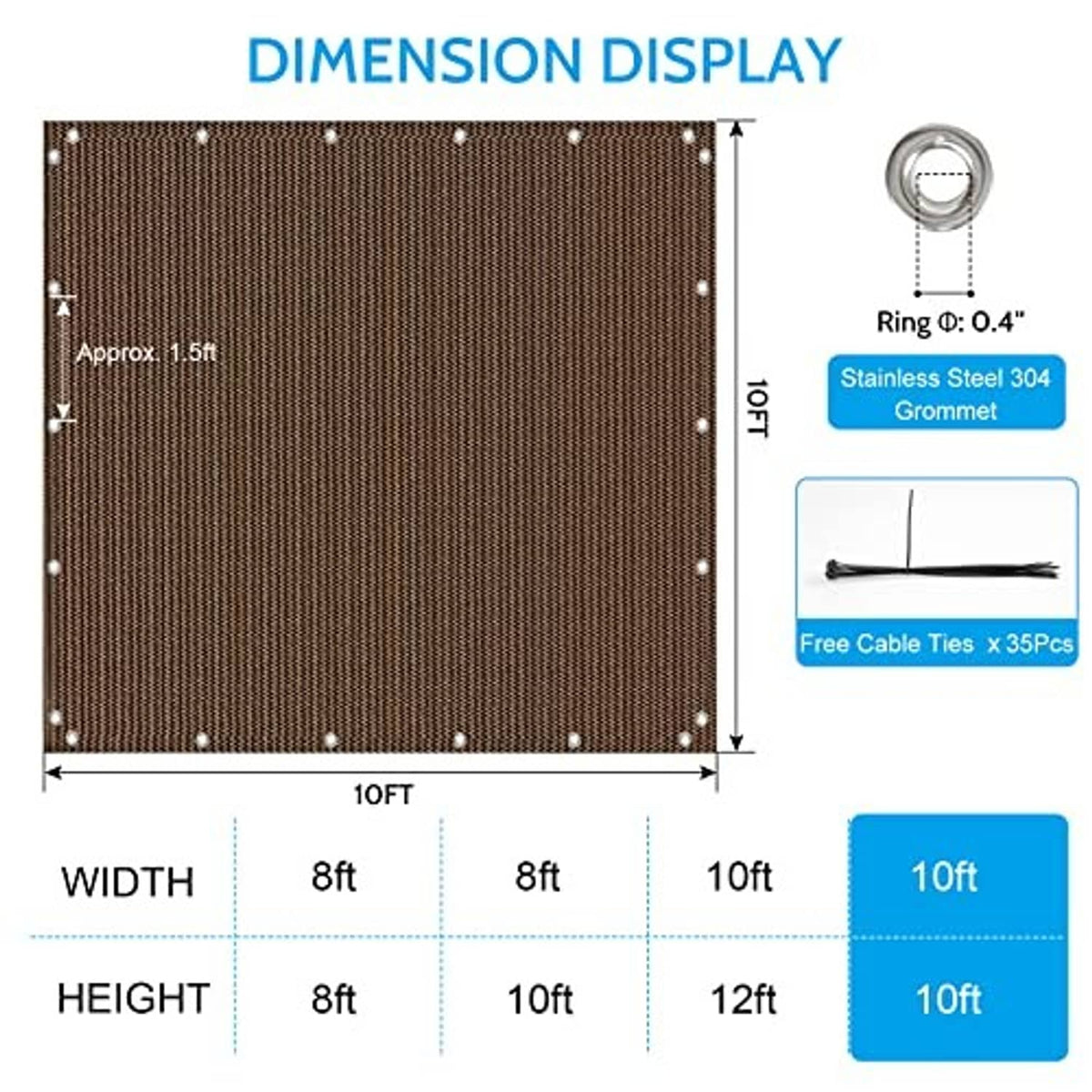 Brown shade cloth panel with corner grommets, rectangular size layout