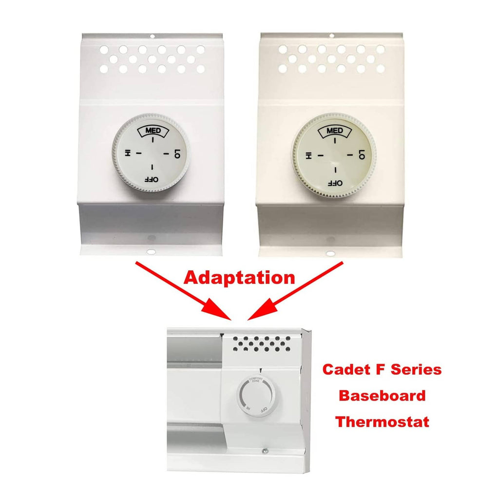 Baseboard heater thermostat dial knob shown on heater units, round temperature controller