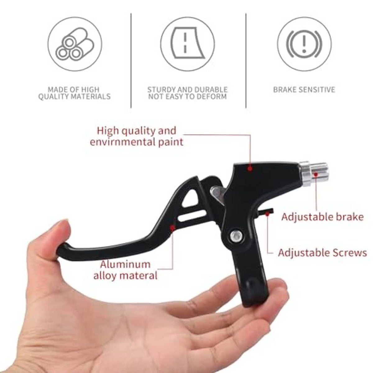 Black V-brake bicycle brake lever set, adjustable aluminum levers with silver cable clamps.