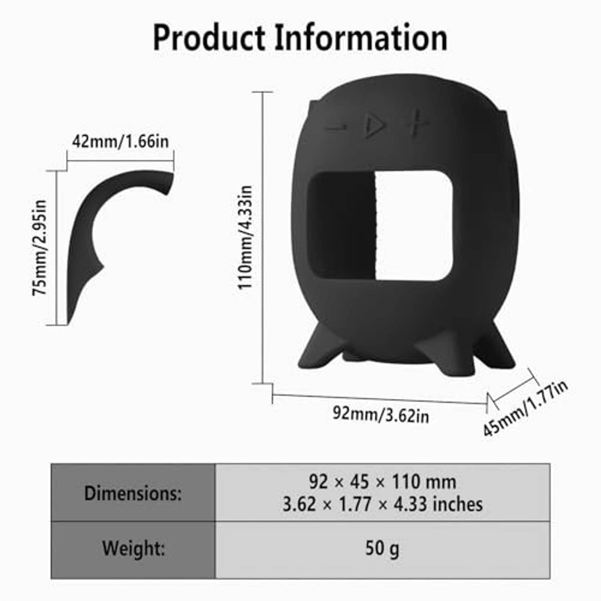 Black silicone carrying case with size outline and front button cutout measurements