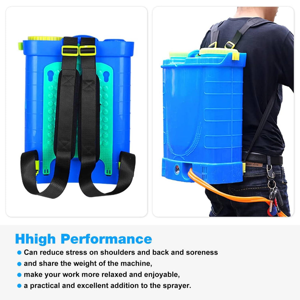Black backpack sprayer straps with yellow buckles on a sprayer backpack